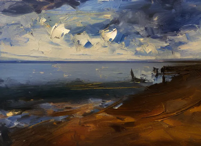 Prompt: palette knife, impasto oil painting of silent calm lake shore by frank auerbach, thick paint brush strokes, art by anders zorn, wonderful masterpiece by greg rutkowski, beautiful cinematic light, american romanticism by greg manchess, creation by tyler edlin