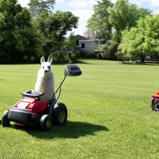 Image similar to llama using a lawn mower to mow the lawn