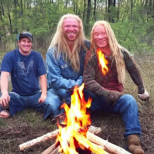 Prompt: photo of hillbilly smiling with long blonde hair near a bonfire