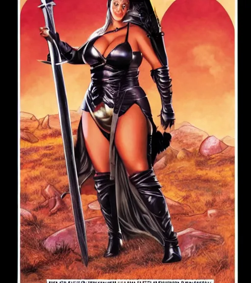 Prompt: 1 9 8 0 s fantasy novel book cover, bbw plus size amazonian sofia vergara in extremely tight bikini armor wielding a cartoonishly large sword, exaggerated body features, dark and smoky background, low quality print