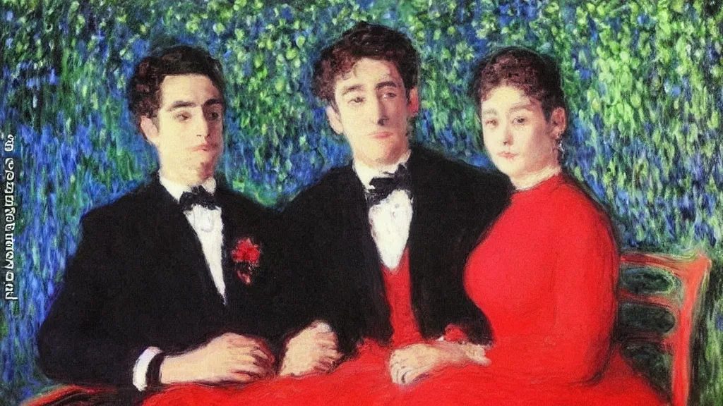 Prompt: “beautiful woman in red dress sitting with her handsome husband in a black suit, monet painting”