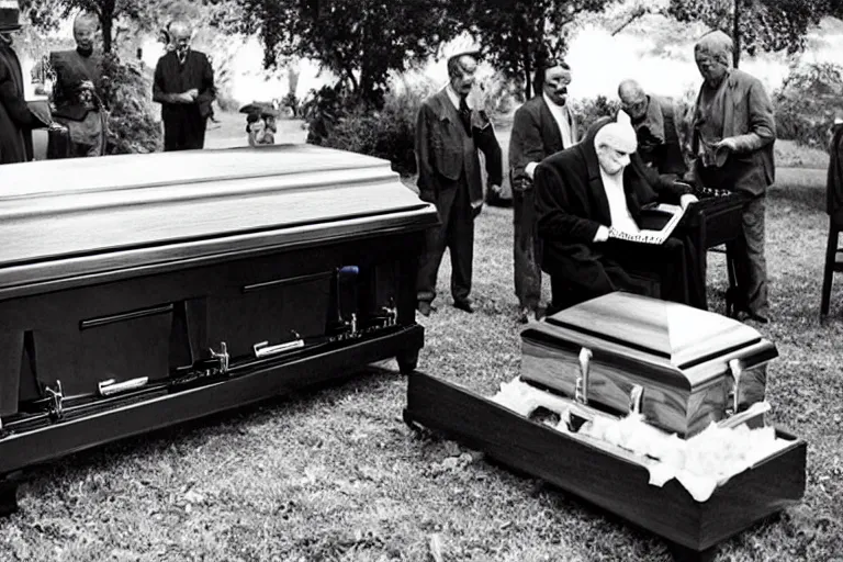 Prompt: a creepy old man playing a piano in the shape of a casket, with other caskets piled up in the back