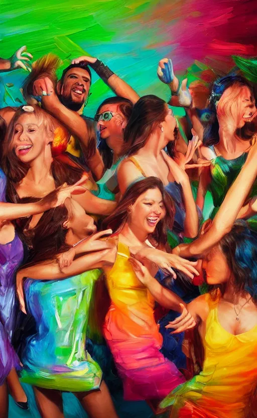 Prompt: beautiful detailed photorealistic painting of a group of friends dressed in a club dancing. the friends are happy and having fun. vibrant, high quality, vibrant colors, very funny, beautiful, hq. hd. 4 k. award winning. trending on artstation