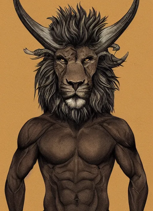 Prompt: a mighty strong creature with the body and eyes of a man, with the ( beak of an eagle ), the mane of a lion, and the horns of an ox. drawn by boris valejo