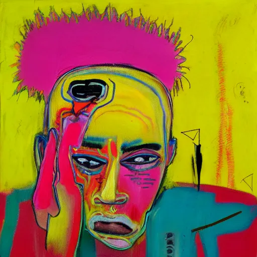 Image similar to pink and yellow and red detailed neo expressionism oil painting of sad boy rapper crying with tattoos by basquiat