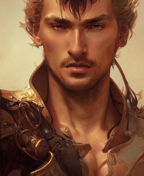 Image similar to portrait close up of guy, concentrated look, symmetry, with an explosion on the back, d & d, fantasy, intricate, elegant, highly detailed, digital painting, artstation, concept art, art by artgerm and greg rutkowski and alphonse mucha, boris vallejo