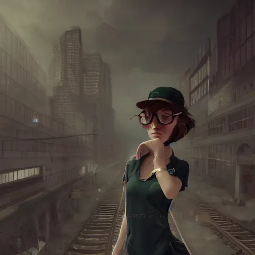 Prompt: a cute girl wearing glasses and a cap, looking to the trains, cinematic lighting, dramatic atmosphere, artwork by dustin nguyen, akihiko yoshida, greg tocchini, greg rutkowski, cliff chiang, 4 k resolution, trending on artstation, octane render