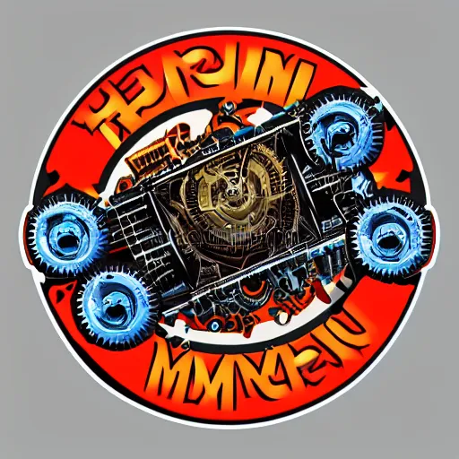 Image similar to sticker of a rock band, name is tripmachine, on the sticker is a 3 d render of a huge futuristic steampunk generator engine with gears and trippy music instruments, 8 k, fluorescent colors, halluzinogenic, multicolored, exaggerated detailed, silk screen art