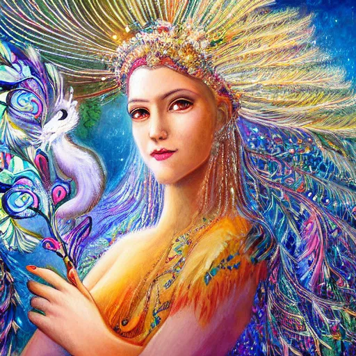 Prompt: beautiful white fox with headdress of long flowing peacock feathers detailed painting in the style of josephine wall 4 k