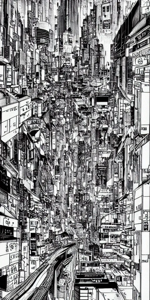 Image similar to beautiful and detailed anime drawing of an AKIRA-like cyberpunk city landscape with light trail from a motorcycle at the bottom and a bridge silhouette at the top, japan at night, 1980s, by Katsuhiro Otomo and mamoru oshii, wide angle, worm\'s eye view, grand, clean