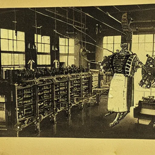 Prompt: grainy 1800s photo of a mechanical industrial era artificial intelligence made out of a jacquard loom