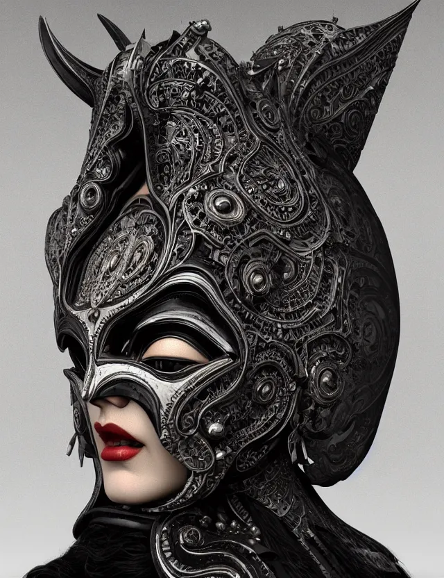 Prompt: 3 d goddess close - up profile portrait russian batman mask with ram skull. beautiful intricately detailed mask. artwork by giger and dali and beeple and greg rutkowski