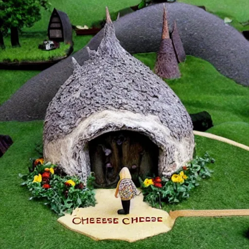 Prompt: a house made of cheese with hobbits mowing the garden and sauron and gandalf married