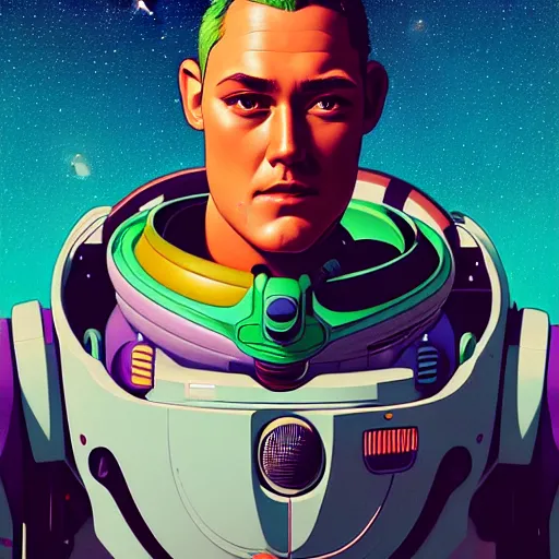 Prompt: high quality high detail portrait of a buzz lightyear diesel punk character in an alien world, tristan eaton, victo ngai, artgerm, rhads, ross draws, hyperrealism, intricate detailed, alphonse mucha, 8 k, sci - fi, pastel colors, artstation,