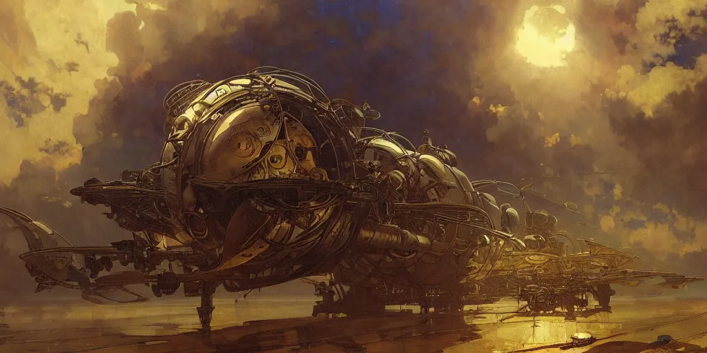 Image similar to a steampunk airship emerges over the horizon of an alien planet, artwork by alphonse mucha, darek zabrocki, dramatic lighting, long shadows, brushstrokes, paper texture.