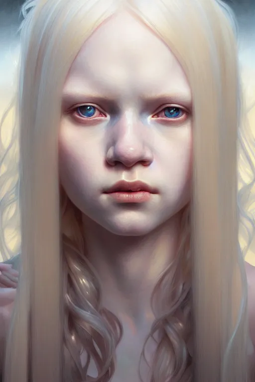 Image similar to Close-up portrait of young albino girl, long blonde hair, dark fantasy, portrait, highly detailed, digital painting, artstation, concept art, sharp focus, illustration, art by artgerm and greg rutkowski and alphonse mucha