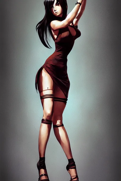 Prompt: tifa lockhart, strappy dress, wolford tights, stilettos, art by artgerm and greg rutkowski, portrait, highly detailed, digital painting, trending on artstation, concept art, sharp focus, illustration