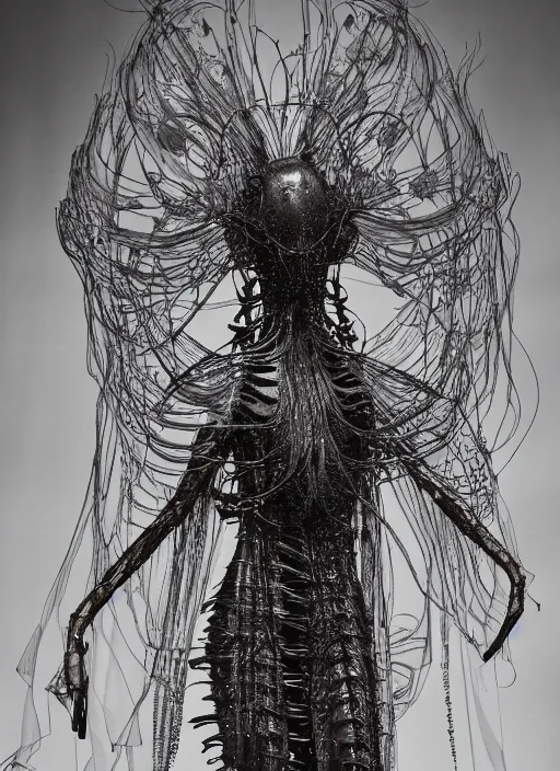 Image similar to walking down the catwalk, tim walker, show, stage, vogue photo, podium, fashion show photo, historical baroque dress dark, iris van herpen, beautiful woman, masterpiece, intricate, biopunk, vogue, full body shot, alien, plant predator, guyver, jellyfish, white biomechanical details, highly detailed