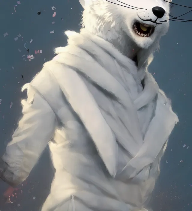 Prompt: a beautiful portrait of a cute male anthropomorph white wolf wearing a kigurumi. character design by cory loftis, fenghua zhong, ryohei hase, ismail inceoglu and ruan jia. artstation, volumetric light, detailed, photorealistic, rendered in octane