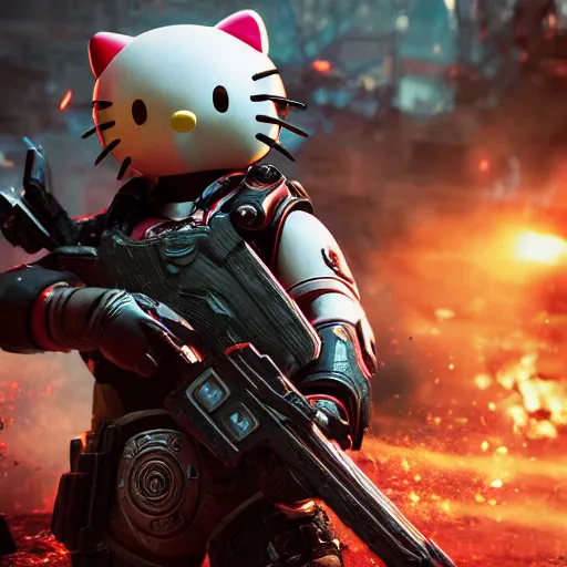 Image similar to hello kitty in gears of war, splash art, movie still, detailed face, cinematic lighting, colour, dramatic, octane render, long lens, shallow depth of field, bokeh, anamorphic lens flare, 8 k, hyper detailed, 3 5 mm film grain