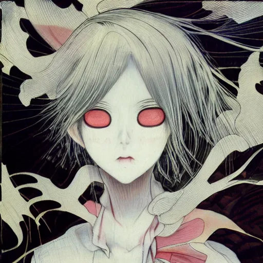 Image similar to yoshitaka amano blurred and dreamy realistic illustration of an anime girl with black eyes, wavy white hair fluttering in the wind wearing dress suit with tie, junji ito abstract patterns in the background, satoshi kon anime, noisy film grain effect, highly detailed, renaissance oil painting, weird portrait angle, blurred lost edges, three quarter view