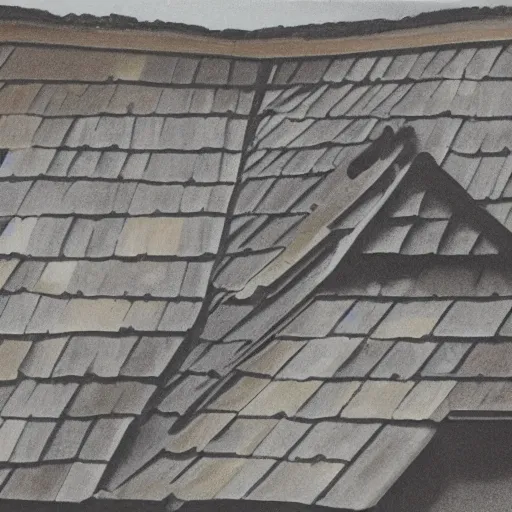 Prompt: painting of structures with tile roofs, and peaked wooden roofs, structures blackened to some degree by a patina of soot. structures darkest at the top, where the ash gathered, but rainwaters and evening condensations had carried the stains over ledges and down walls in an uneven gradient.