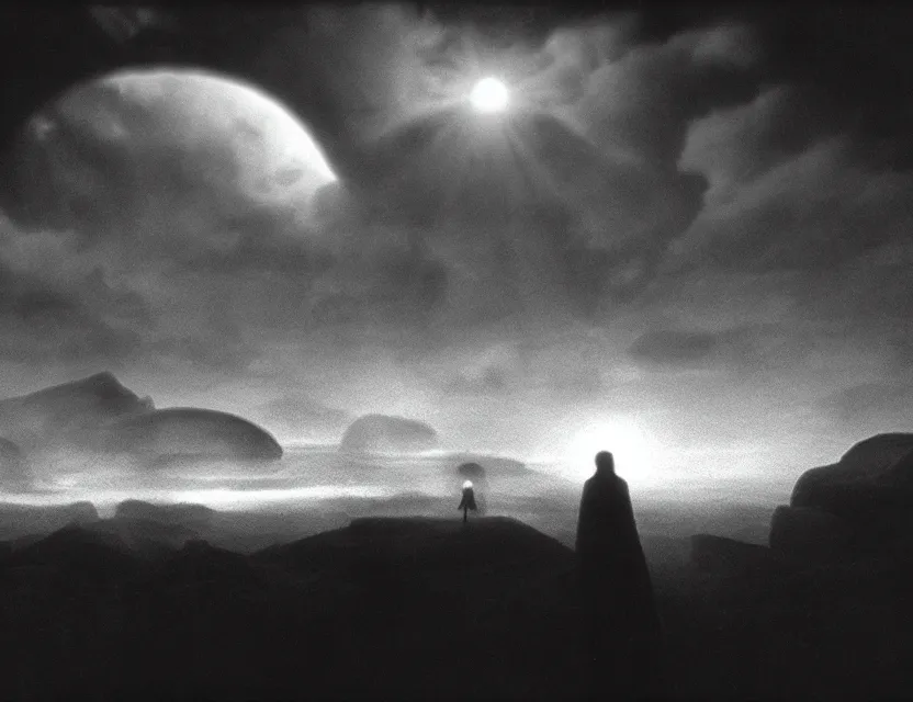 Prompt: wanderer, eerie, greek fantasy panorama, a magnificent giant turble emerging above the magic shining river styx, at night, otherworldly, ghost giant above the horizon, stanley kubrick, 1 8 mm, wide shot, surreal, deep