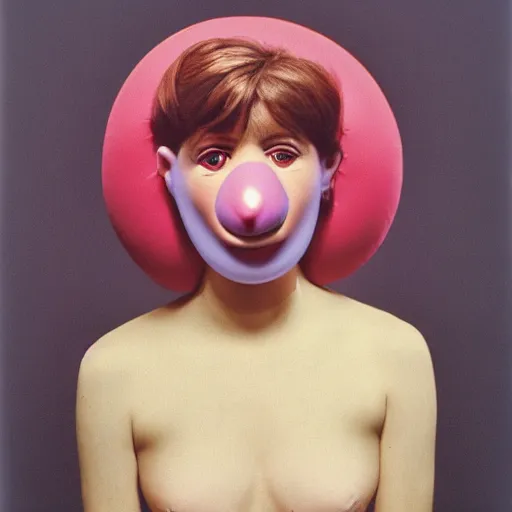 Image similar to glamorous woman with an inflatable spherical prosthetic nose, circular cardboard cartoon eyes, 1 9 7 2, color, chantal akerman, medium - shot 1 6 mm film, interior