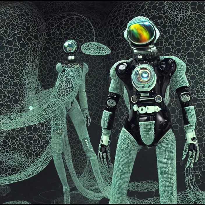 Image similar to a cybernetic symbiosis of a single astronaut mech-organic eva suit made of pearlescent wearing knitted shiny ceramic multi colored yarn thread infected with diamond 3d fractal lace iridescent bubble 3d skin dotted covered with orb stalks of insectoid compound eye camera lenses floats through the living room, film still from the movie directed by Denis Villeneuve with art direction by Salvador Dalí, wide lens,kevlar,carbon fiber,ceramics,gaseous materials,