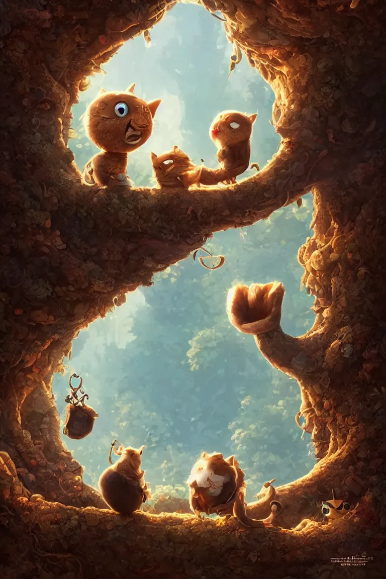 Prompt: round antropomorphic acorn and his cat friend in world adventure movie, cerebri mie poster, by nuri iyem, james gurney, james jean, greg rutkowski, anato finnstark. pixar. hyper detailed, 5 0 mm, award winning photography, perfect faces