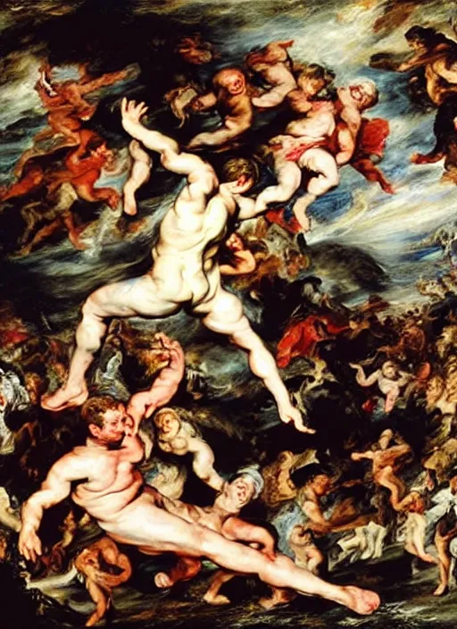 Image similar to people falling adventure playground, oil on canvas by peter paul rubens. style fall of the damned by peter paul rubens