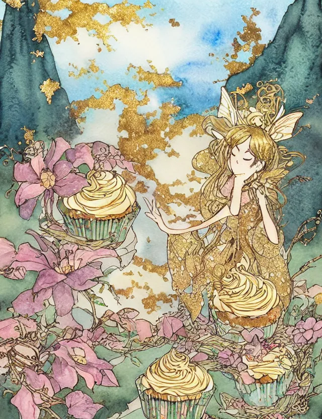 Image similar to faerie spirit of cupcakes, lost in the mountains. this watercolor and gold leaf work by the award - winning mangaka has a beautiful composition and intricate details.