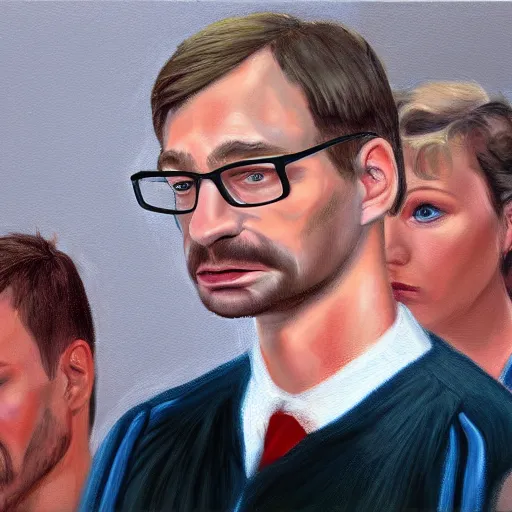 Prompt: a court judging jeffrey dahmer, oil painting, ultradetailed, digital painting, ultradetailed