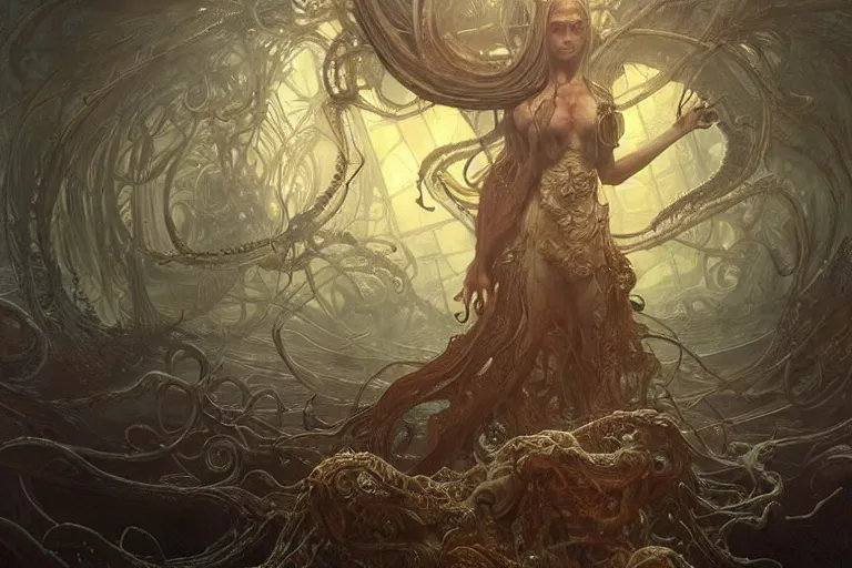 Prompt: a lovecraftian painting of a nightmare, cosmic horror elements, ultra realistic, concept art, intricate details, eerie, highly detailed, photorealistic, octane render, 8 k, unreal engine. art by artgerm and greg rutkowski and alphonse mucha