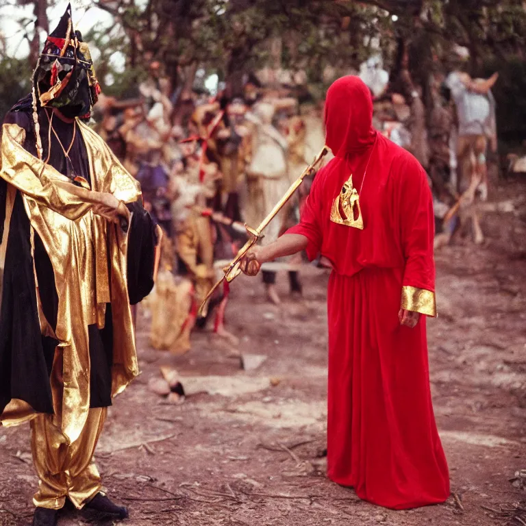 Image similar to a man being sacrifice by one member of an esoteric cult, Cinestill 800t 8k trending on Flickr, wear heavy red ornemental costume and elongate gold mask and jewels