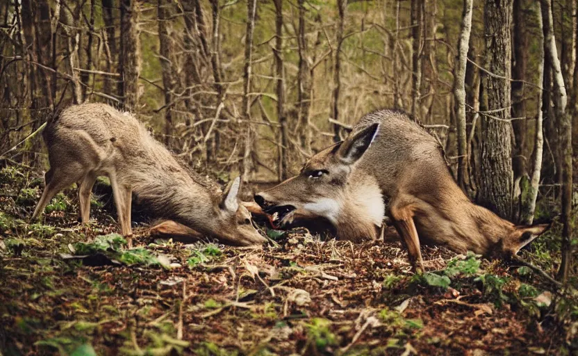 Image similar to A deer eating a dead wolf in the forest. Night time, dramatic, cinematic shot