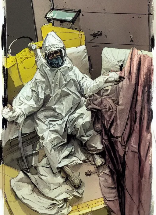 Image similar to an exhausted doctor in a hazmat suit, inside an old Romanian hospital room,. intricate artwork, 8k, Illustration by Alex maleev, James Jean, Adrian Ghenie and Francis Bacon, highly detailed, very coherent, rich colours