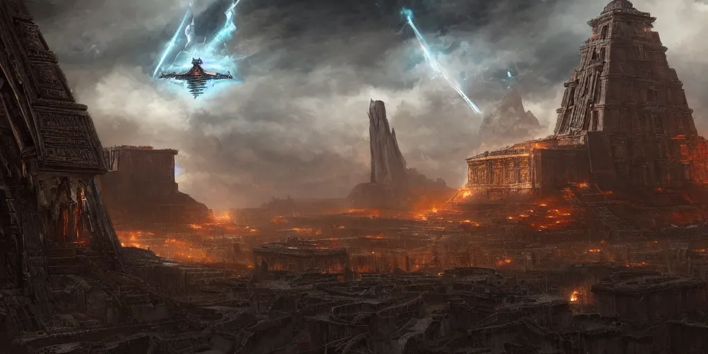 Image similar to A fierce Aztec warrior watches ominous alien spacecraft flying above the Aztec temple. Intense dramatic epic sci-fi cinematic concept artwork in the style of Jacek Pilarski and Greg rutkowski and Sylvain Lorgeou. Panoramic view. Trending on artstation