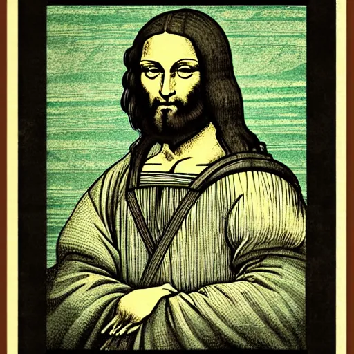 Image similar to portrait of leonardo da vinci in simple green background in the style of japanese cartoon and japanese wood print