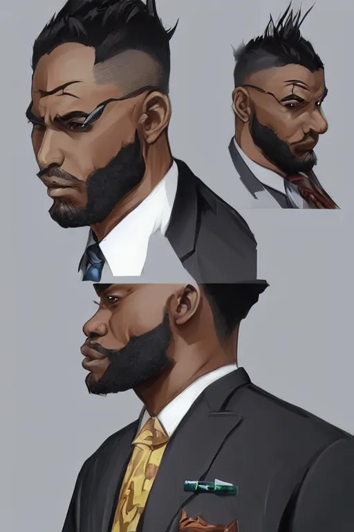 Image similar to detailed digital painting of handsome black man in corporate attire with short natural mohawk, fanart behance trending on artstation, concept art, matte, sharp focus, illustration, super hero pose, hearthstone, art by artgerm and greg rutkowski and alphonse mucha