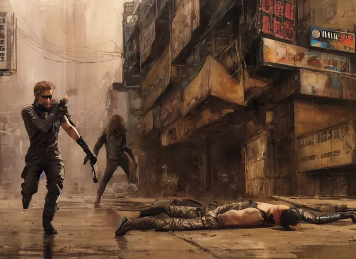 Image similar to solid snake taking down merc ( blade runner 2 0 4 9, dystopian, cyberpunk 2 0 7 7 character design ). orientalist portrait by john william waterhouse and james gurney and theodore ralli and nasreddine dinet, oil on canvas. cinematic, hyper realism, realistic proportions, dramatic lighting, high detail 4 k