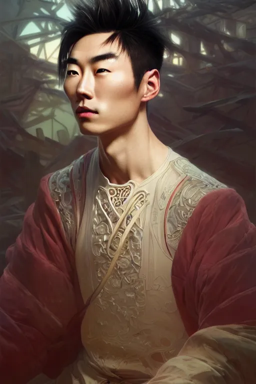 Image similar to clear portrait of a chinese attractive men, cottagecore!!, background hyper detailed, character concept, full body, dynamic pose, glowing lights!! intricate, elegant, highly detailed, digital painting, artstation, concept art, smooth, sharp focus, illustration, art by artgerm and greg rutkowski and alphonse mucha