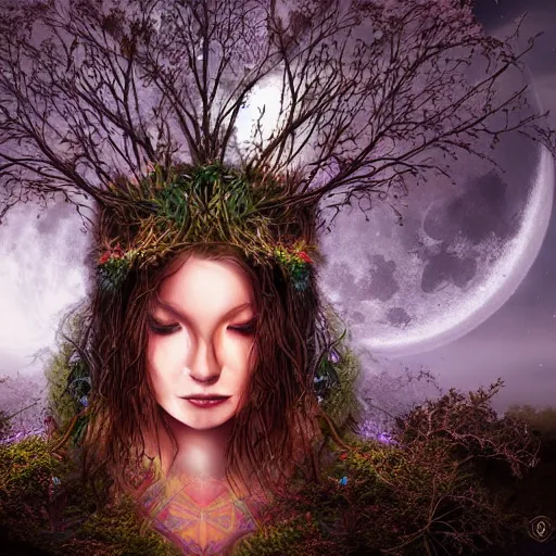 Image similar to mystical Druid woman under a full moon, nature, ambient lighting, art station, beautiful,