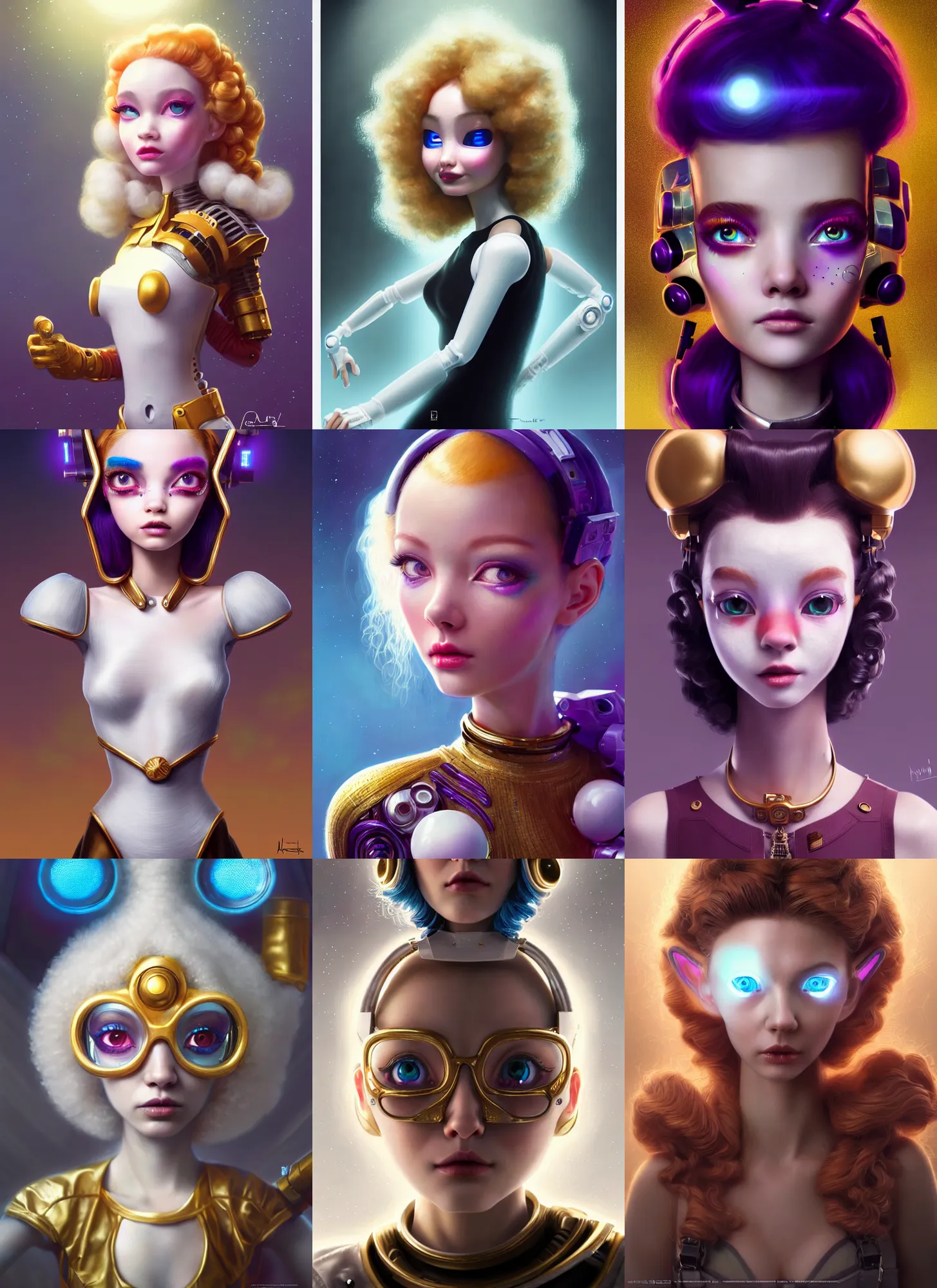 Prompt: pixar portrait 8 k photo, beautiful shiny white porcelain rich galactic sheep clowncore russian cyborg college girl, golden ratio details, sci - fi, fantasy, cyberpunk, intricate, decadent, highly detailed, digital painting, ever after high, octane render, artstation, concept art, smooth, sharp focus, illustration, art by artgerm, loish, wlop