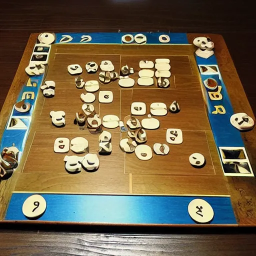 Image similar to game board made in wood, fantasy, with dice, epic, cinematic, thriller