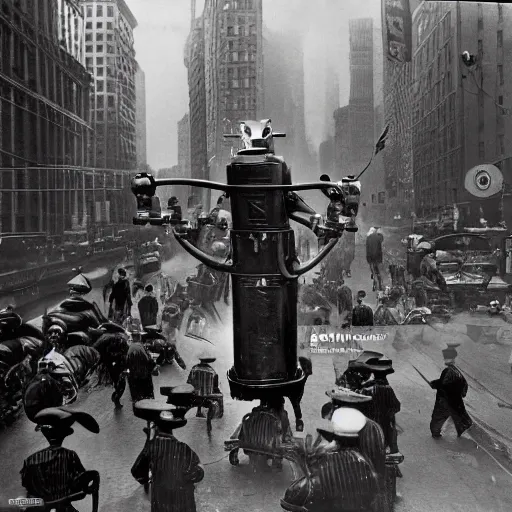 Image similar to old black and white photo, 1 9 1 3, depicting a retrofuturistic robot rampaging through the bustling streets of new york city, historical record