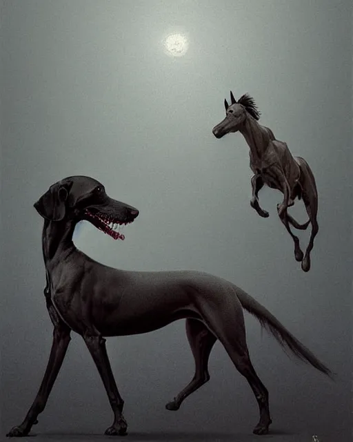 Prompt: painting of hybrid between black weimaraner & horse! & intercrossed animal, by zdzislaw beksinski, by mattias adolfsson, by tiffany bozic, cold hue's, warm tone gradient background, concept art, single object scene, beautiful composition, digital painting