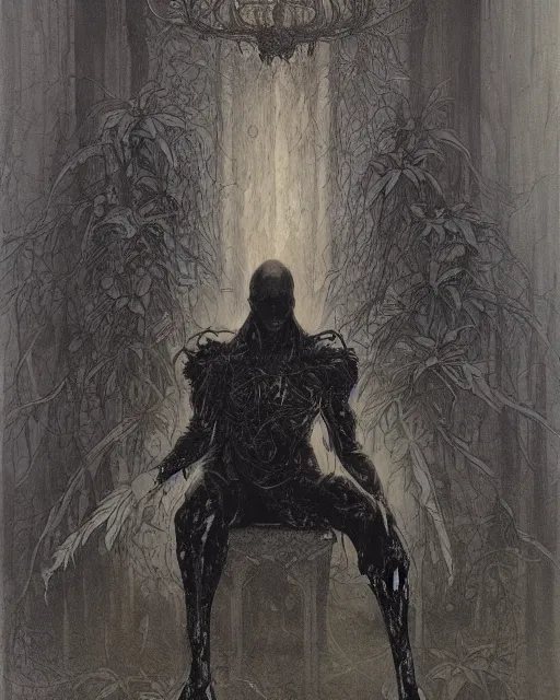 Prompt: dark figure seated in agony alone inside an empty dark ballroom overgrown with plants in the style of Ayami Kojima, Amano, Karol Bak, Greg Hildebrandt, and Mark Brooks, dimly lit interior room, Greg Rutkowski and Francis Bacon, perfect smile