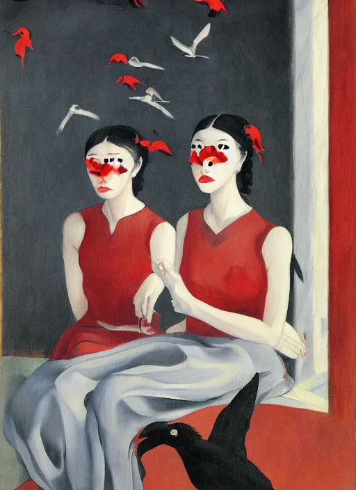 Prompt: a painting of gorgeous asian student girls with frozen cold stare, blood red background, transparent gray dresses, crows flying with red eyes trapped in the void as a symbol of death, in style of Edward Hopper, John Singer Sargant, Chaim Soutine, surrealism of Francis Bacon, American Gothic, 8k, ultradetailed