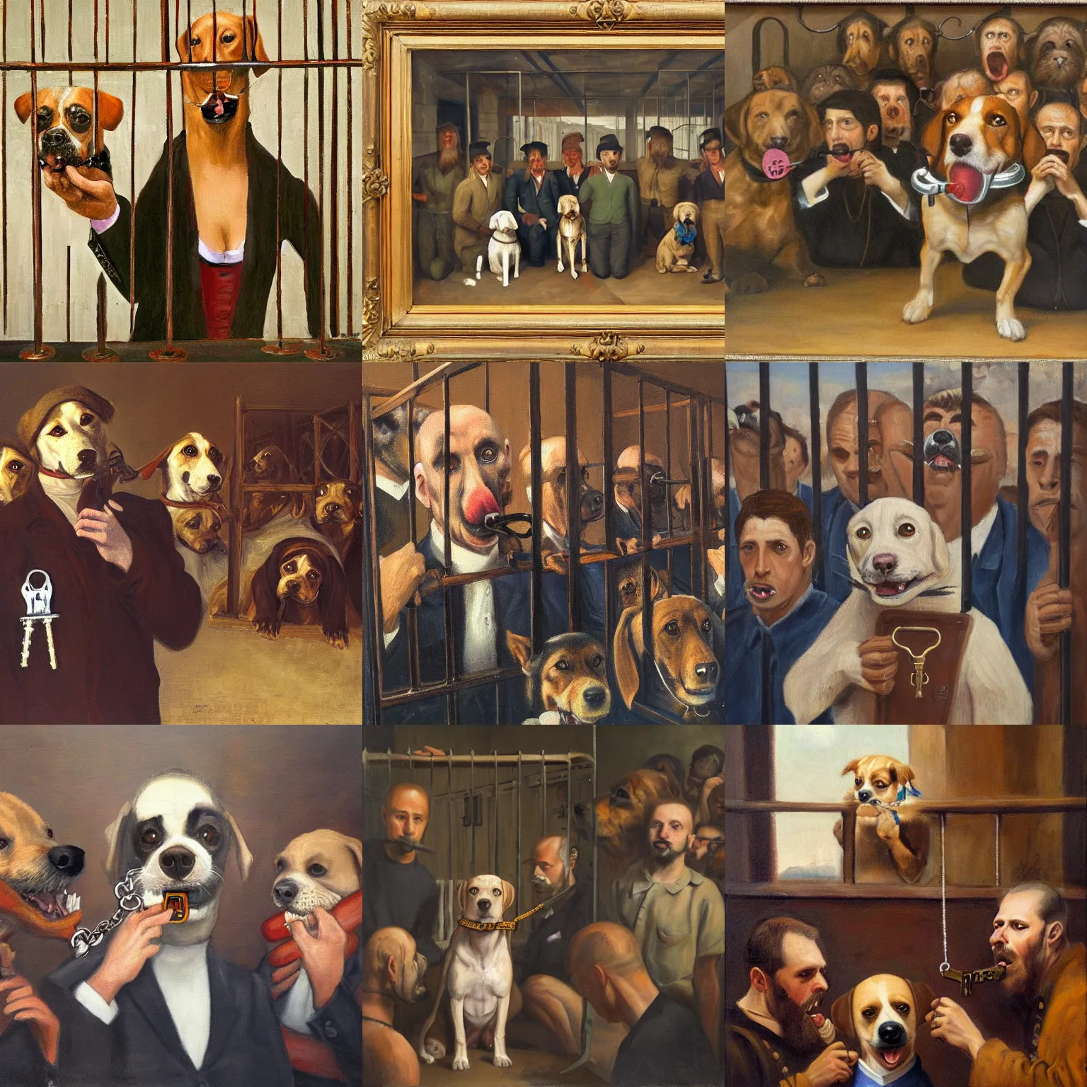 Prompt: dog holding a key in mouth, group of men behind bars in the background, wide angle, realism, old painting, oil painting